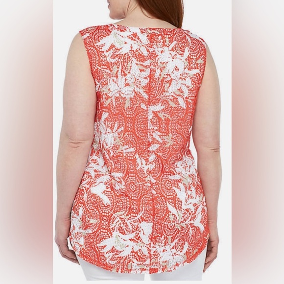 New Directions Curvy Orange White Lace Sleeveless Floral Print Blouse Tunic 1X - Picture 2 of 14